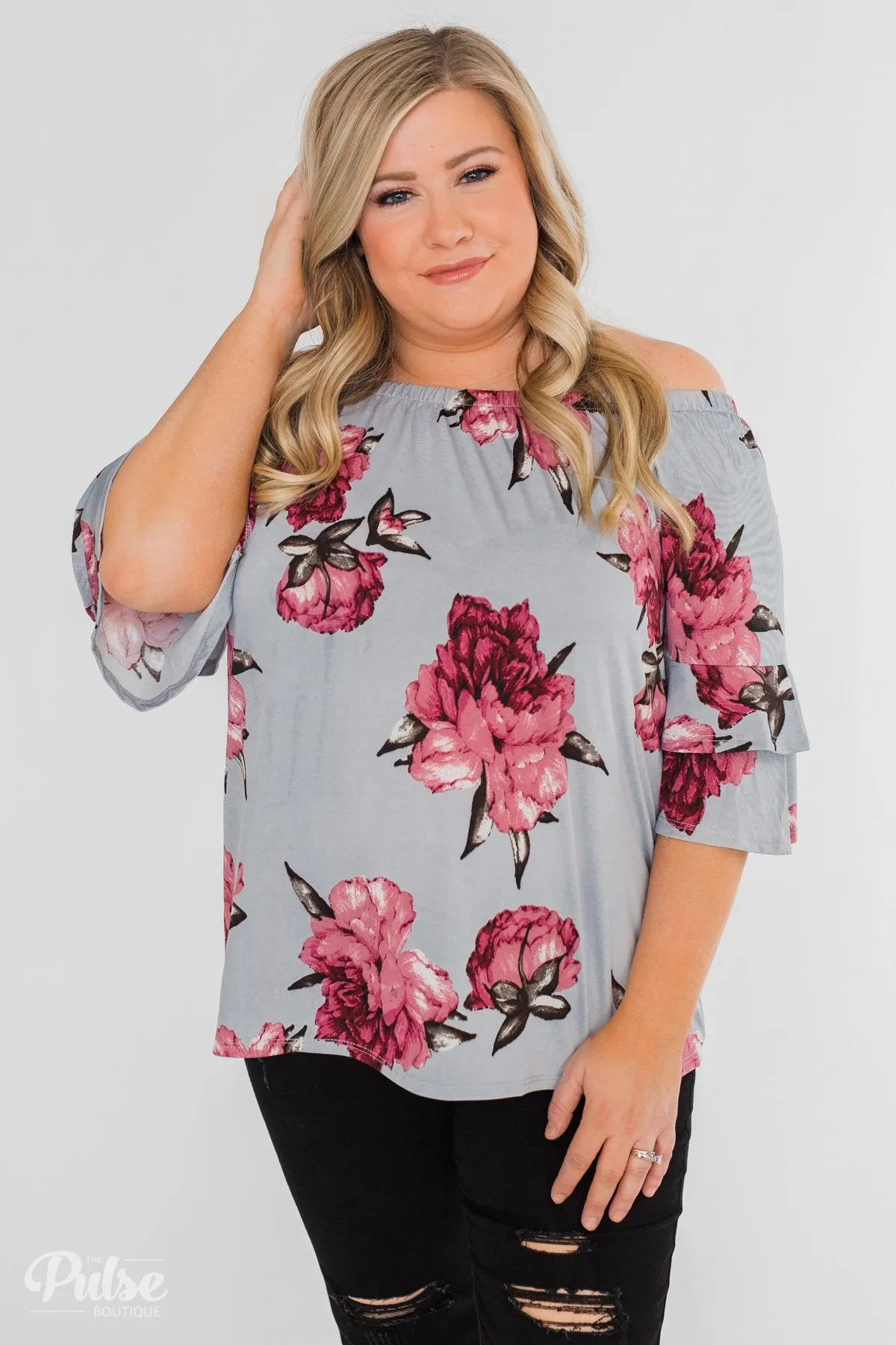 Bring on the Floral Off the Shoulder Top- Powder Blue