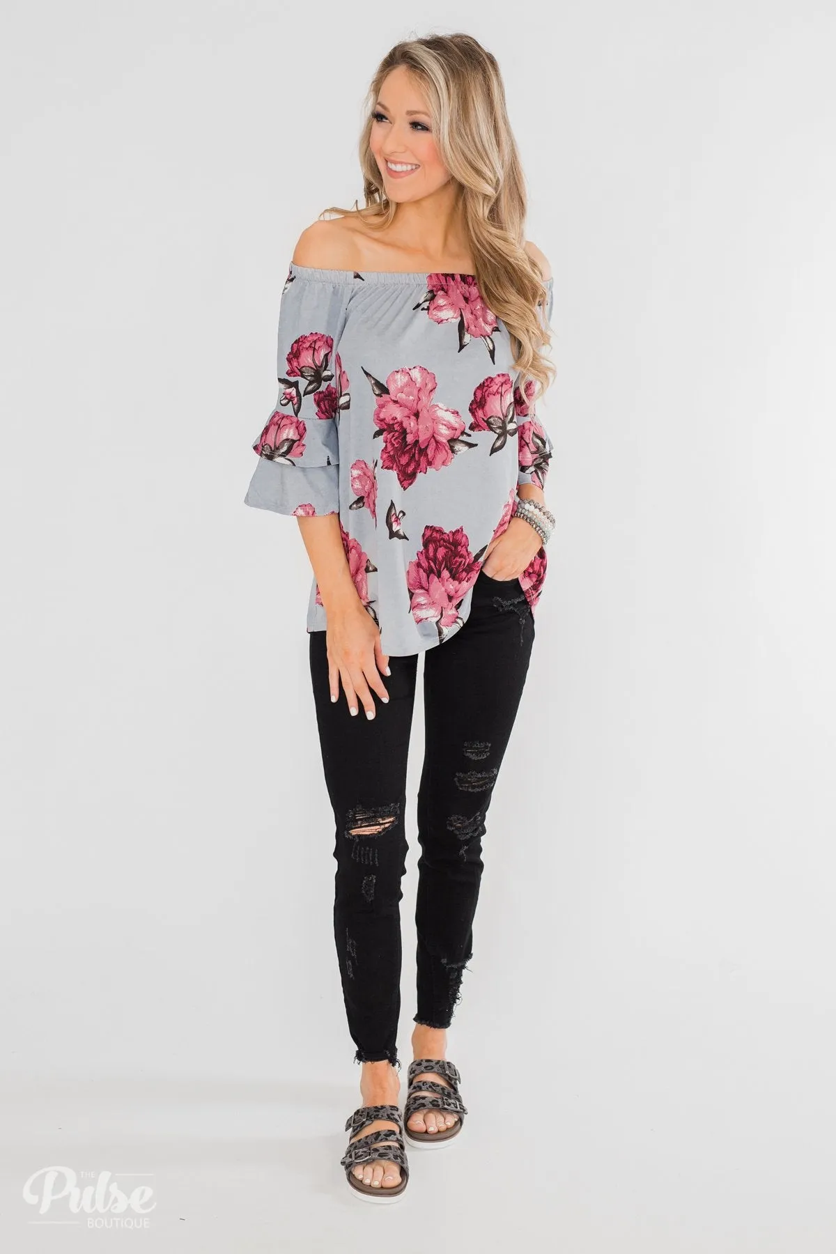 Bring on the Floral Off the Shoulder Top- Powder Blue