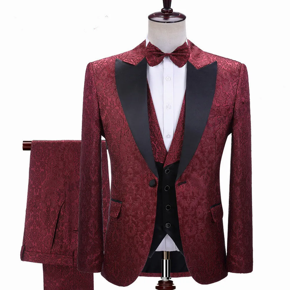 Burgundy Jacquard Peaked Lapel Three-pieces Wedding Men Suits