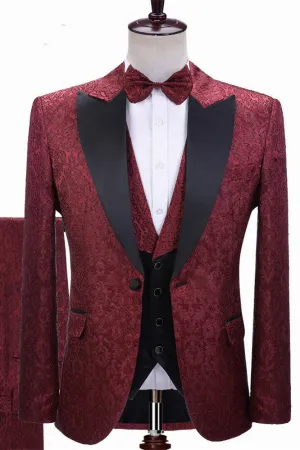 Burgundy Jacquard Peaked Lapel Three-pieces Wedding Men Suits