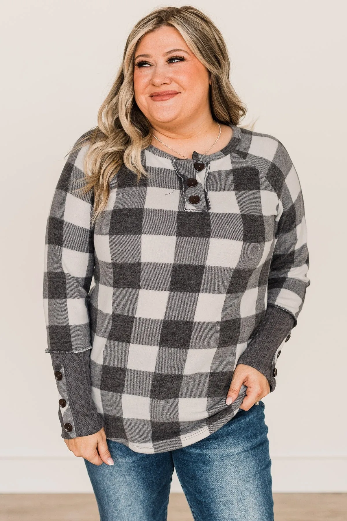 By The Fireside Plaid Knit Top- Off-White & Charcoal