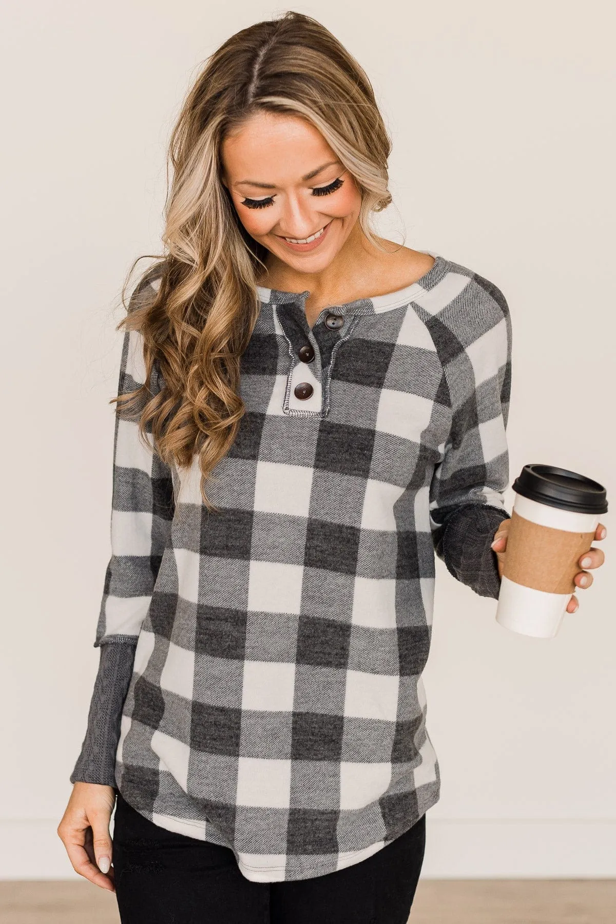 By The Fireside Plaid Knit Top- Off-White & Charcoal