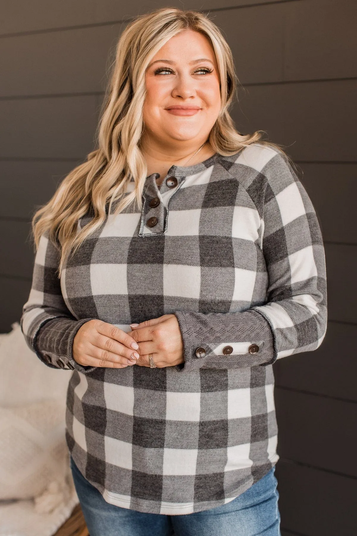 By The Fireside Plaid Knit Top- Off-White & Charcoal