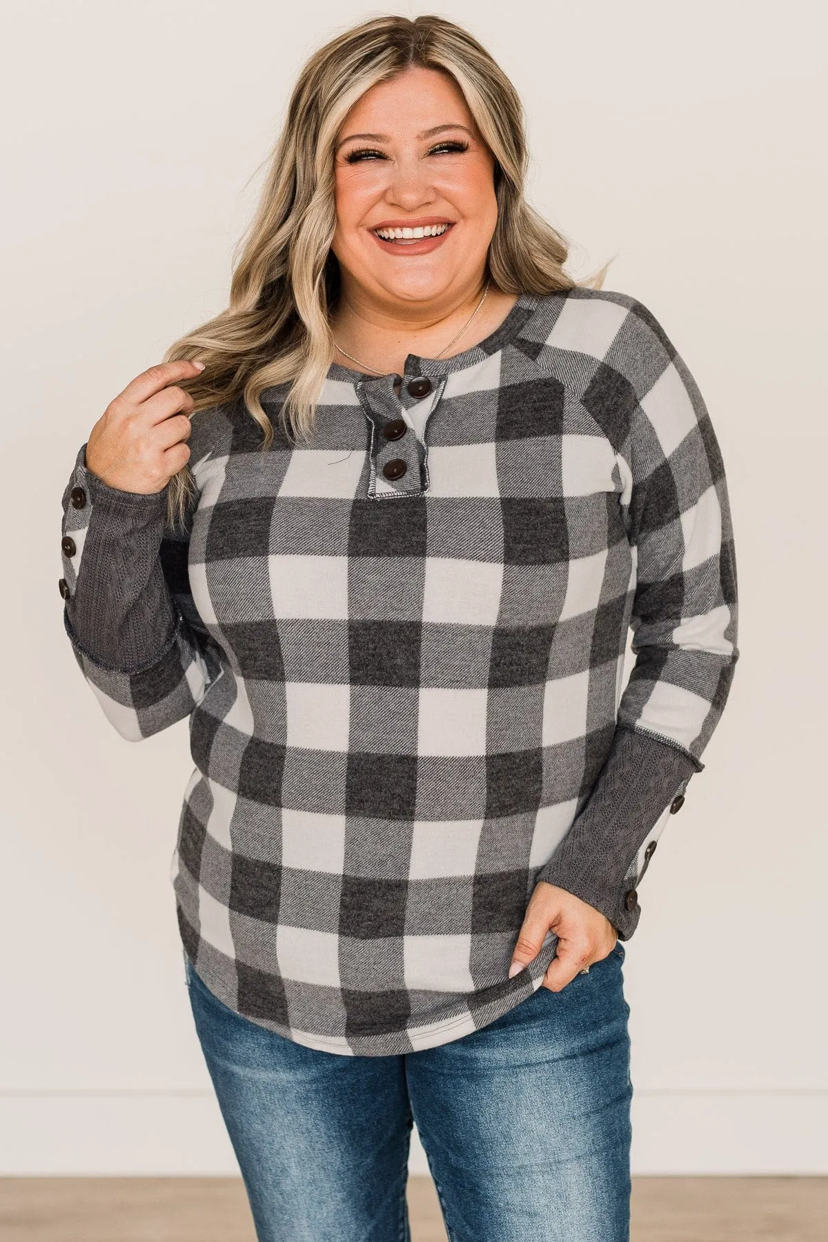 By The Fireside Plaid Knit Top- Off-White & Charcoal
