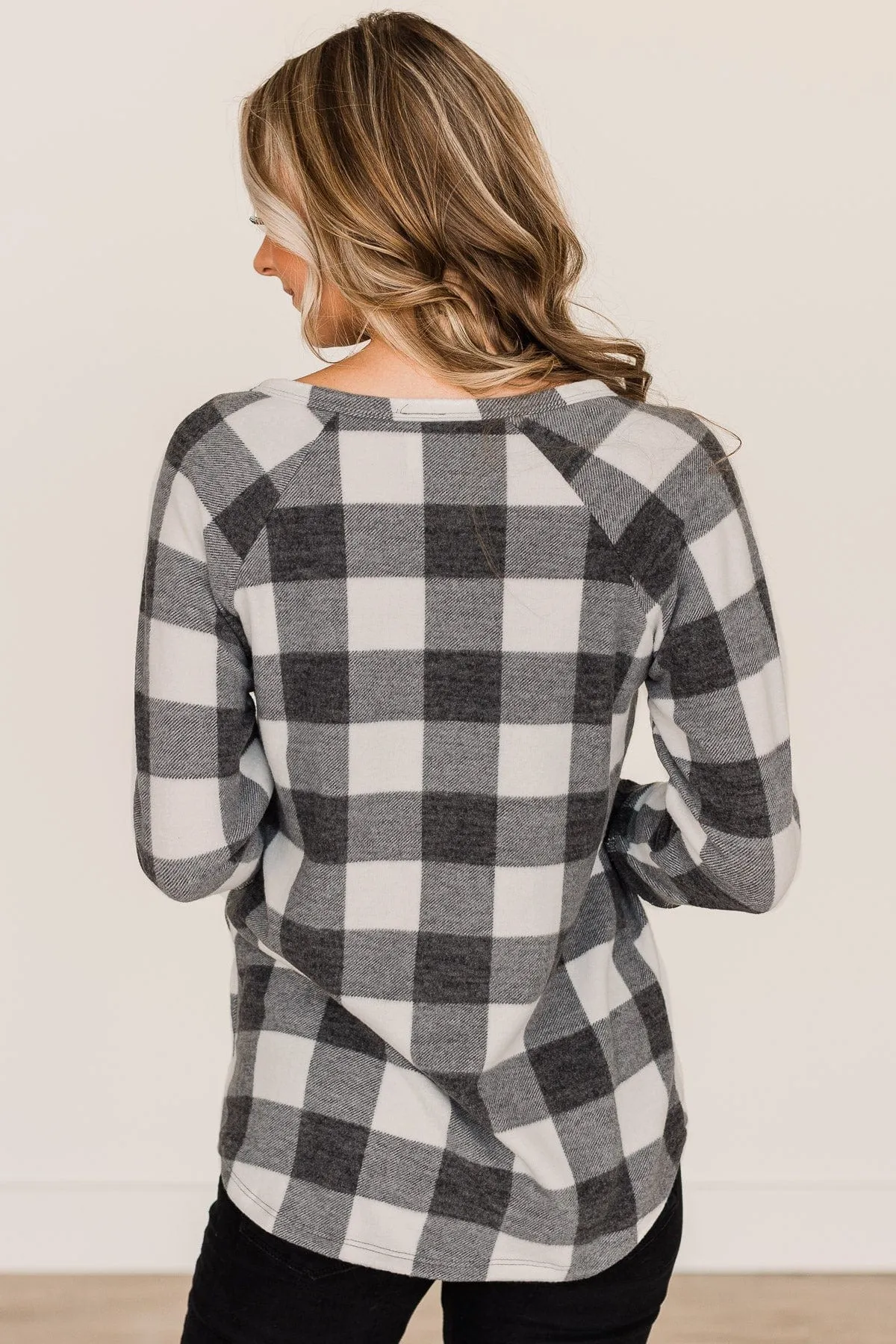 By The Fireside Plaid Knit Top- Off-White & Charcoal