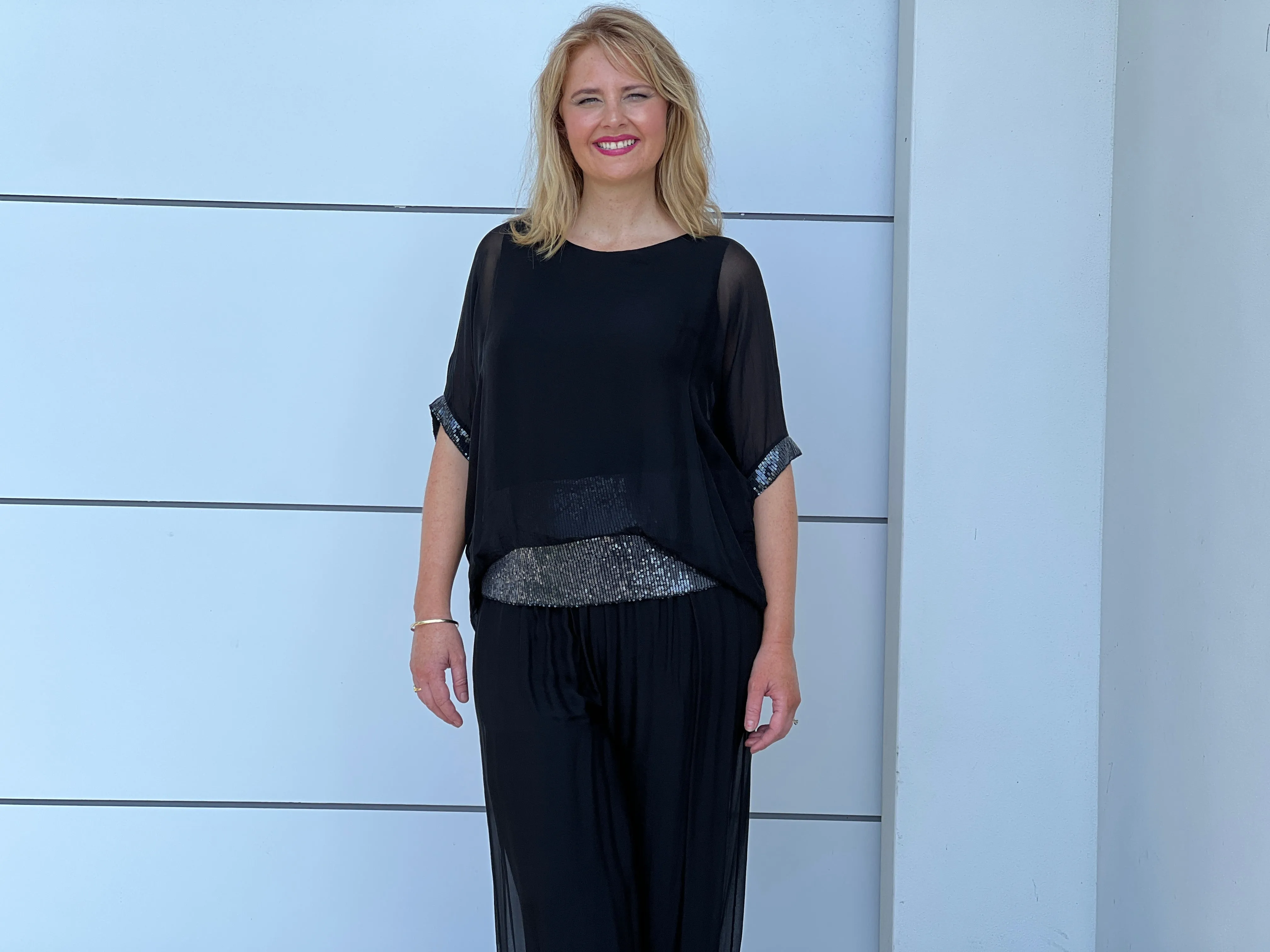 Callie Black Sequin Silk Top