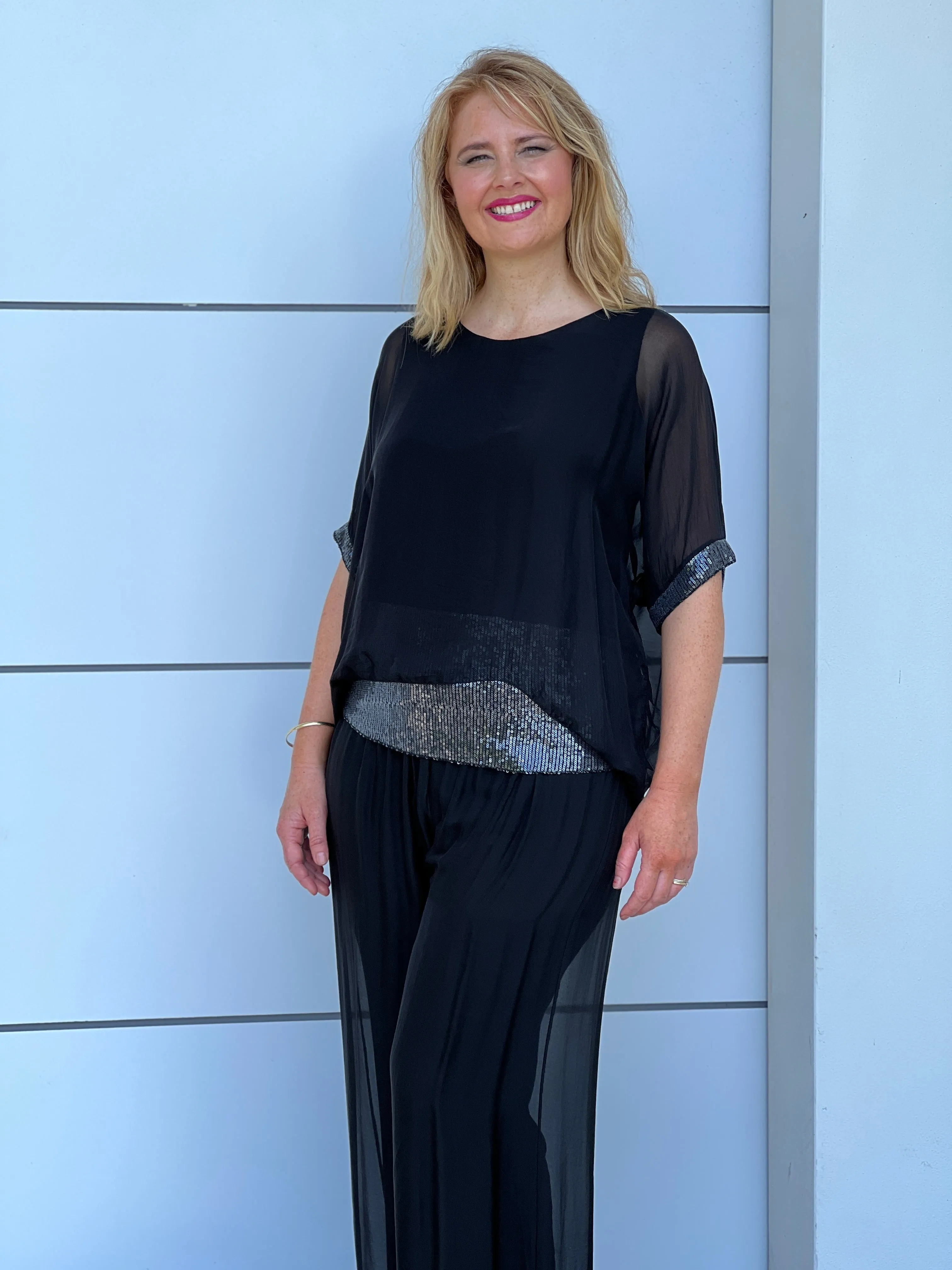 Callie Black Sequin Silk Top