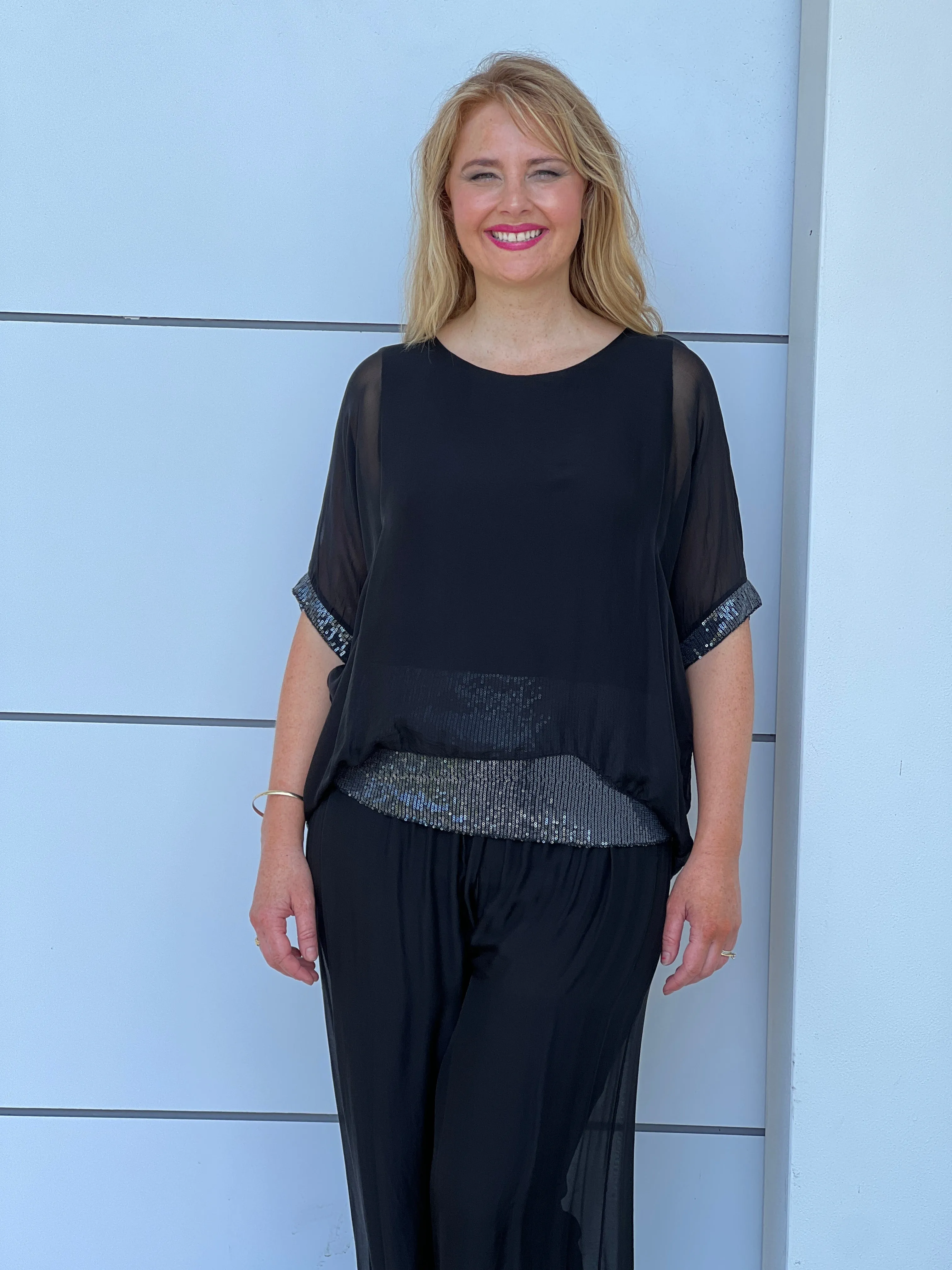 Callie Black Sequin Silk Top