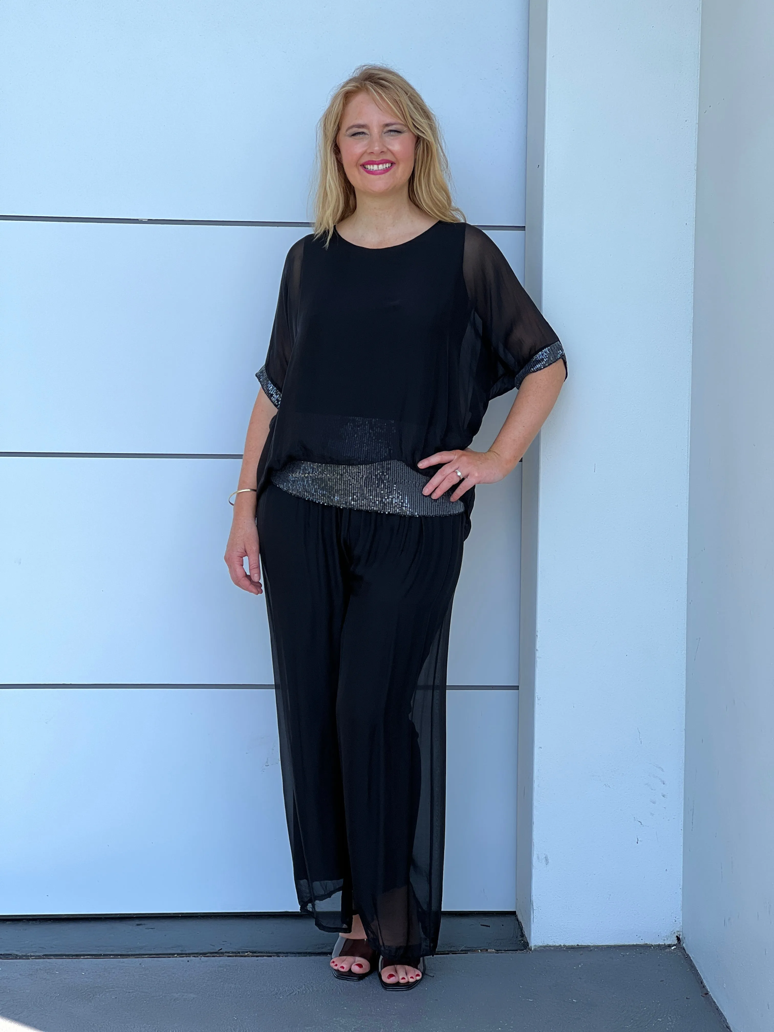 Callie Black Sequin Silk Top