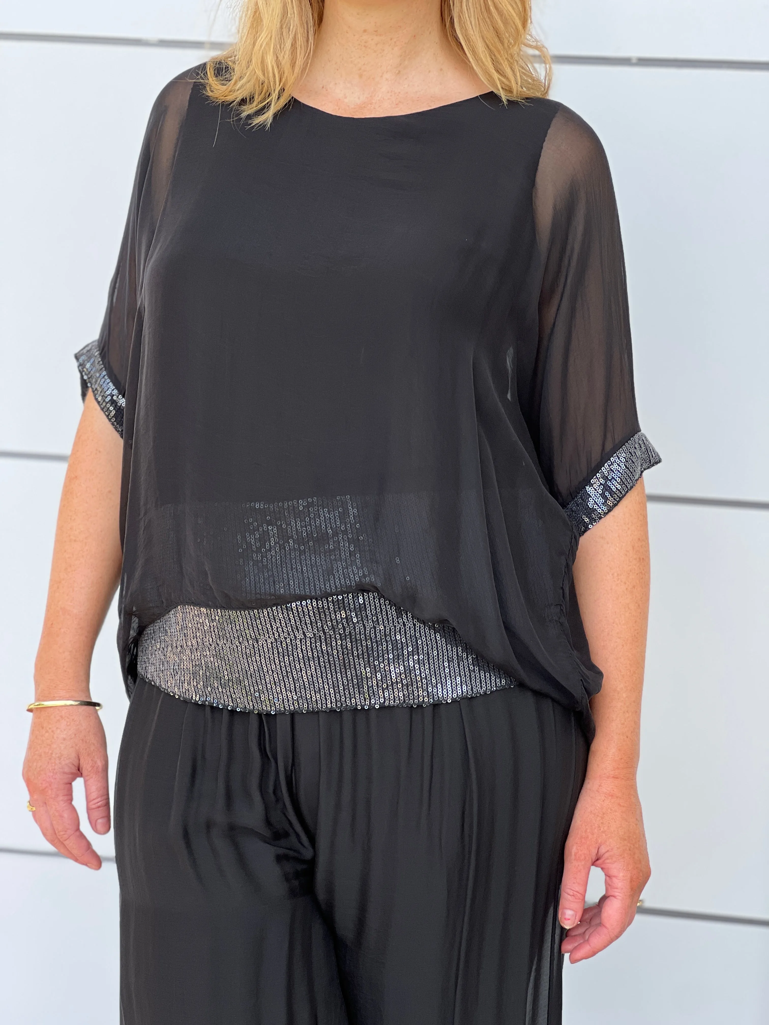 Callie Black Sequin Silk Top