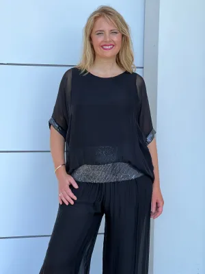 Callie Black Sequin Silk Top