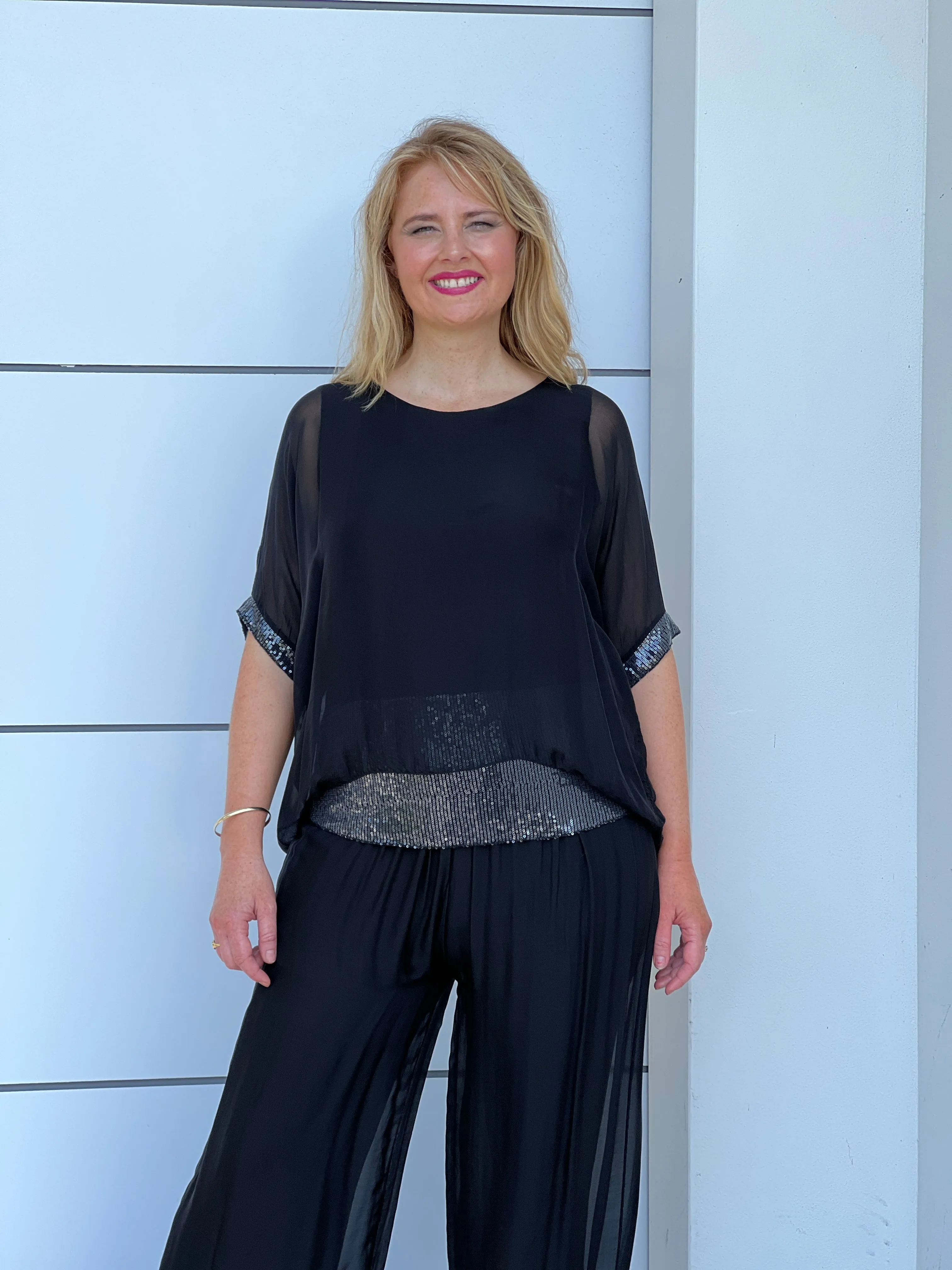 Callie Black Sequin Silk Top