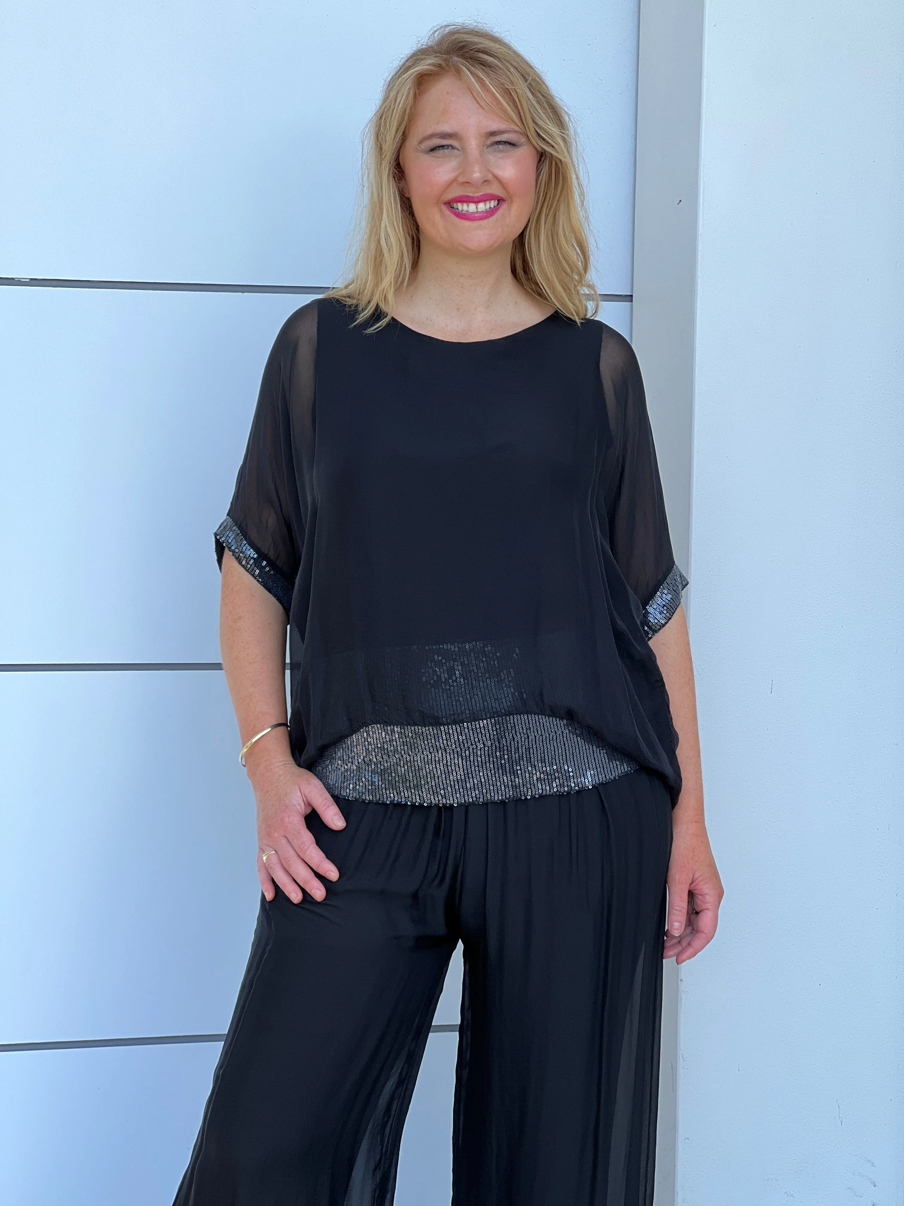 Callie Black Sequin Silk Top