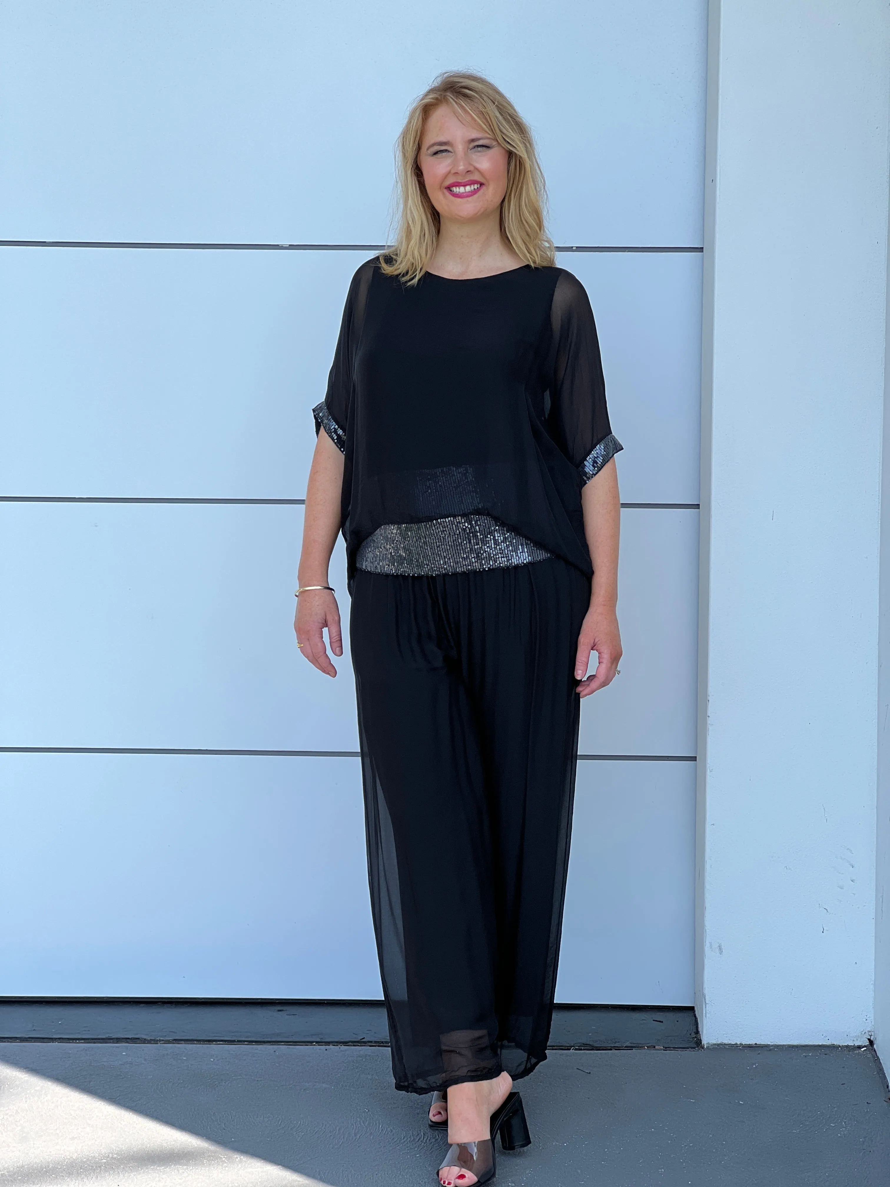 Callie Black Sequin Silk Top
