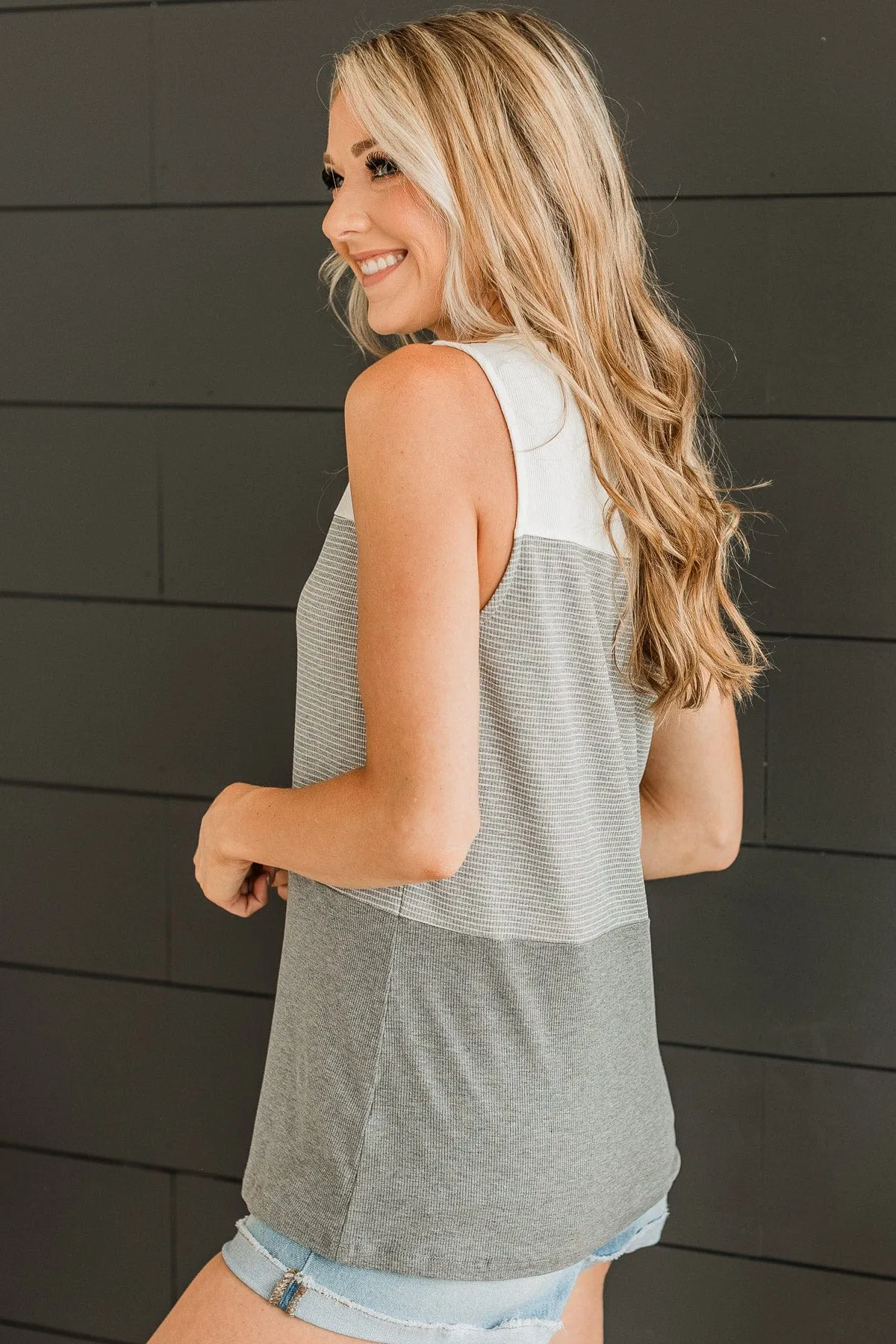 Casually Charming Ribbed Tank Top- Grey & Ivory