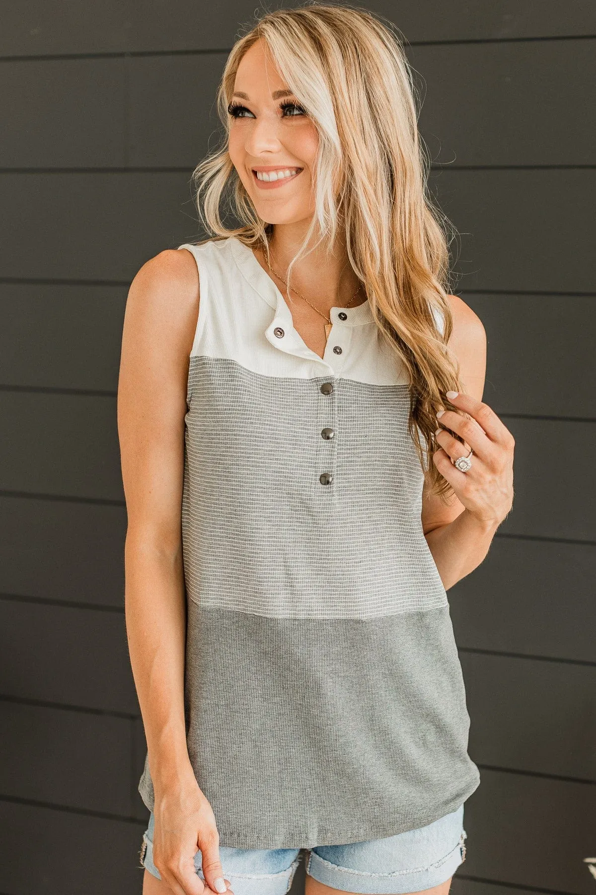 Casually Charming Ribbed Tank Top- Grey & Ivory