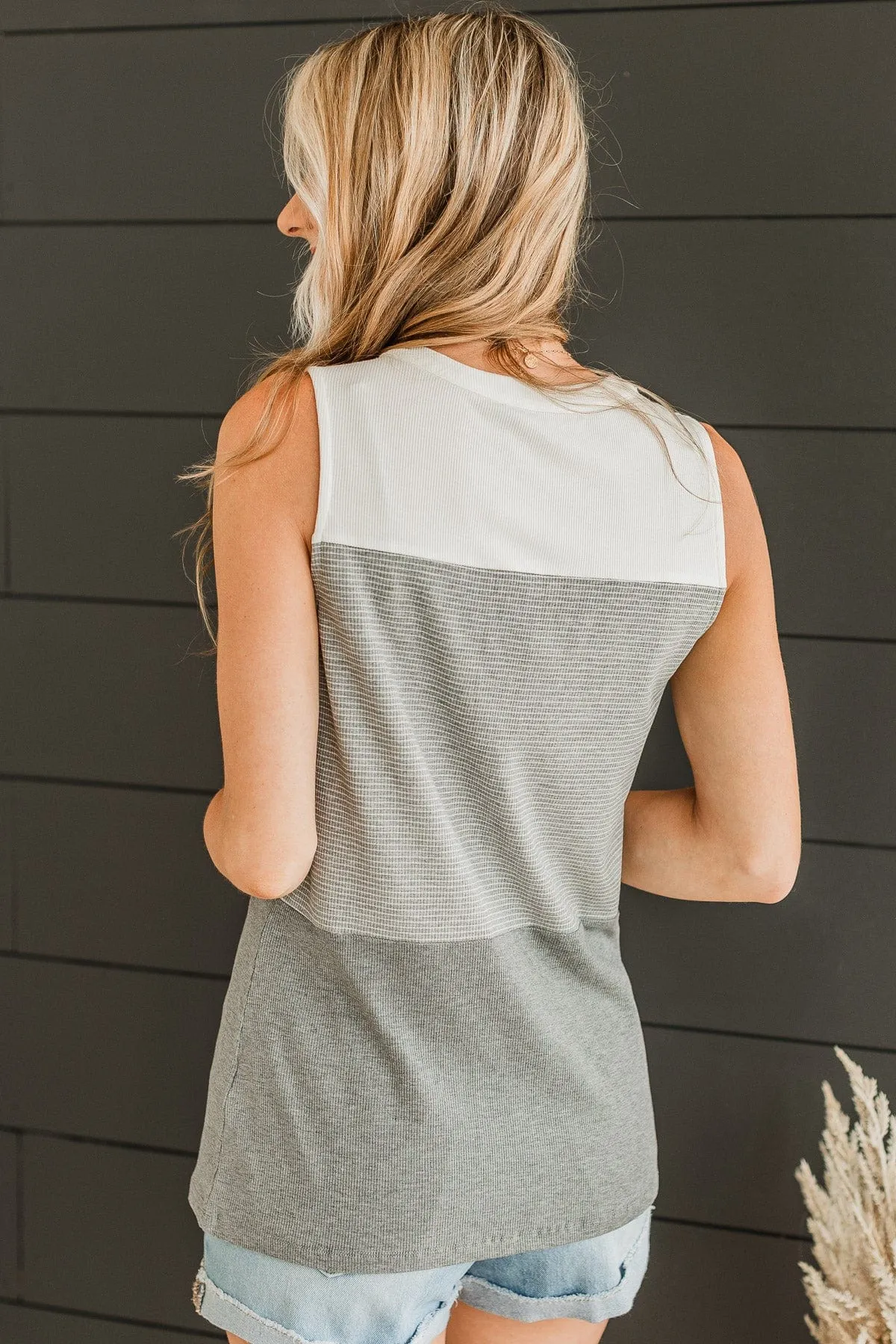 Casually Charming Ribbed Tank Top- Grey & Ivory