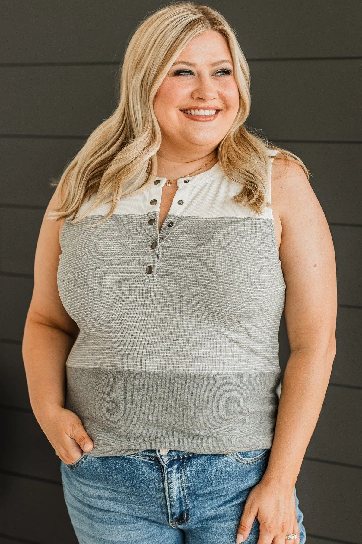 Casually Charming Ribbed Tank Top- Grey & Ivory