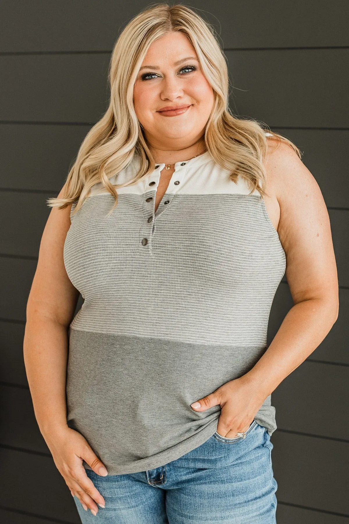 Casually Charming Ribbed Tank Top- Grey & Ivory