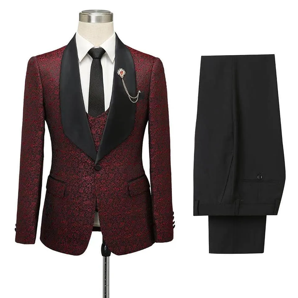 Cesar Burgundy One Button Shawl Lapel Jacquard Wedding Groom Suits
