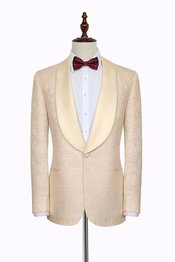 Champagne Jacquard Wedding Tuxedos for Groom Silk Shawl Lapel Marriage Suits