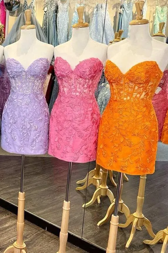 Cheap Lace 2024 Mini Homecoming Dress Bodycon Appliques Strapless