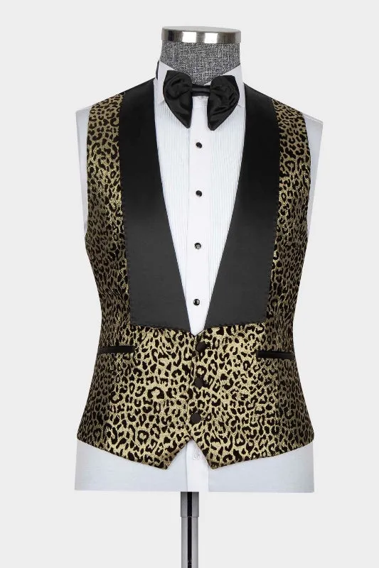 Chic Gold Three Pieces Prom Suits with Black Peaked Lapel Bestmen Txuedo