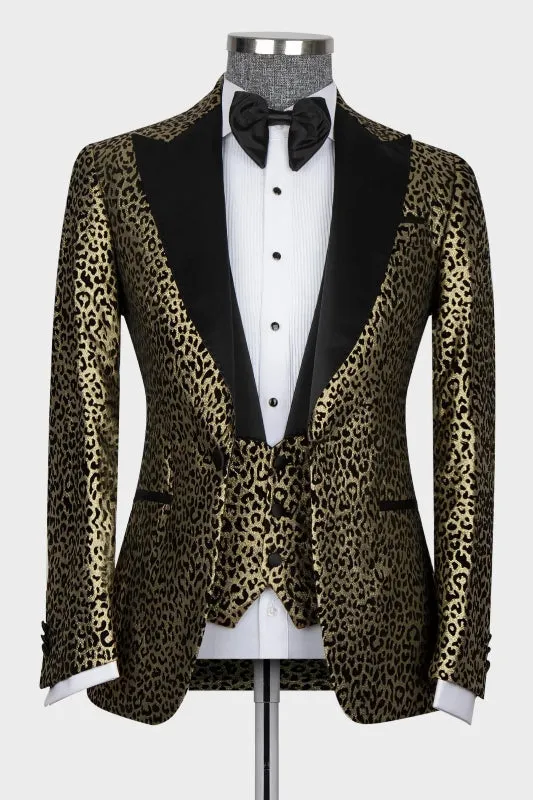 Chic Gold Three Pieces Prom Suits with Black Peaked Lapel Bestmen Txuedo