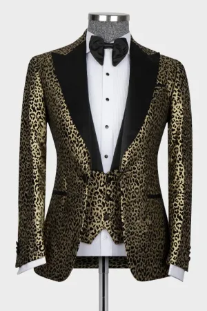 Chic Gold Three Pieces Prom Suits with Black Peaked Lapel Bestmen Txuedo