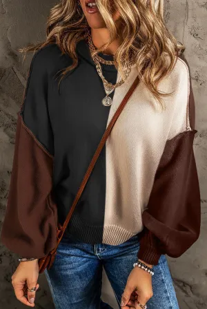Chicory Coffee Color Block Exposed Seam Drop Shoulder Sweater