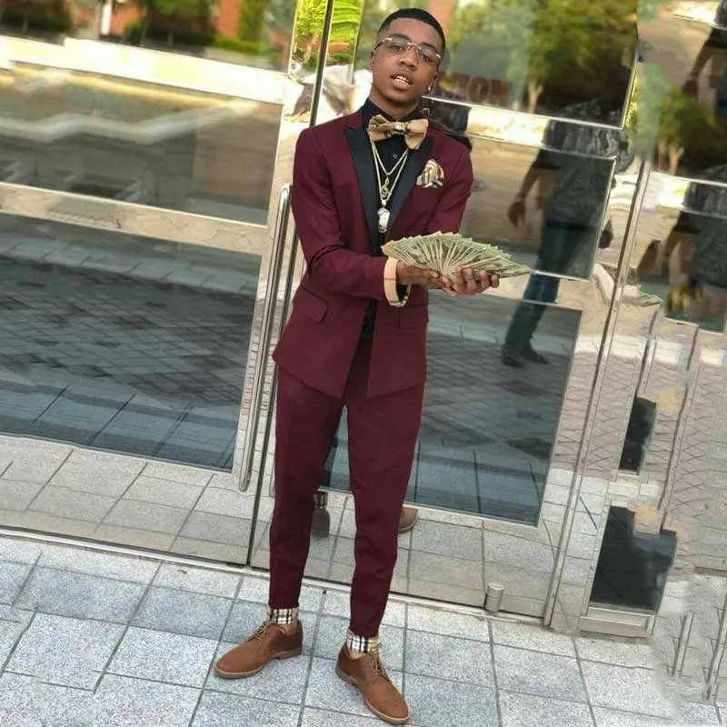 Classy Burgundy Two Piece Mens Suits with Black Lapel
