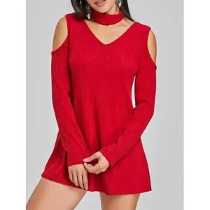 Cold Shoulder Mini Sweater Dress - Red L