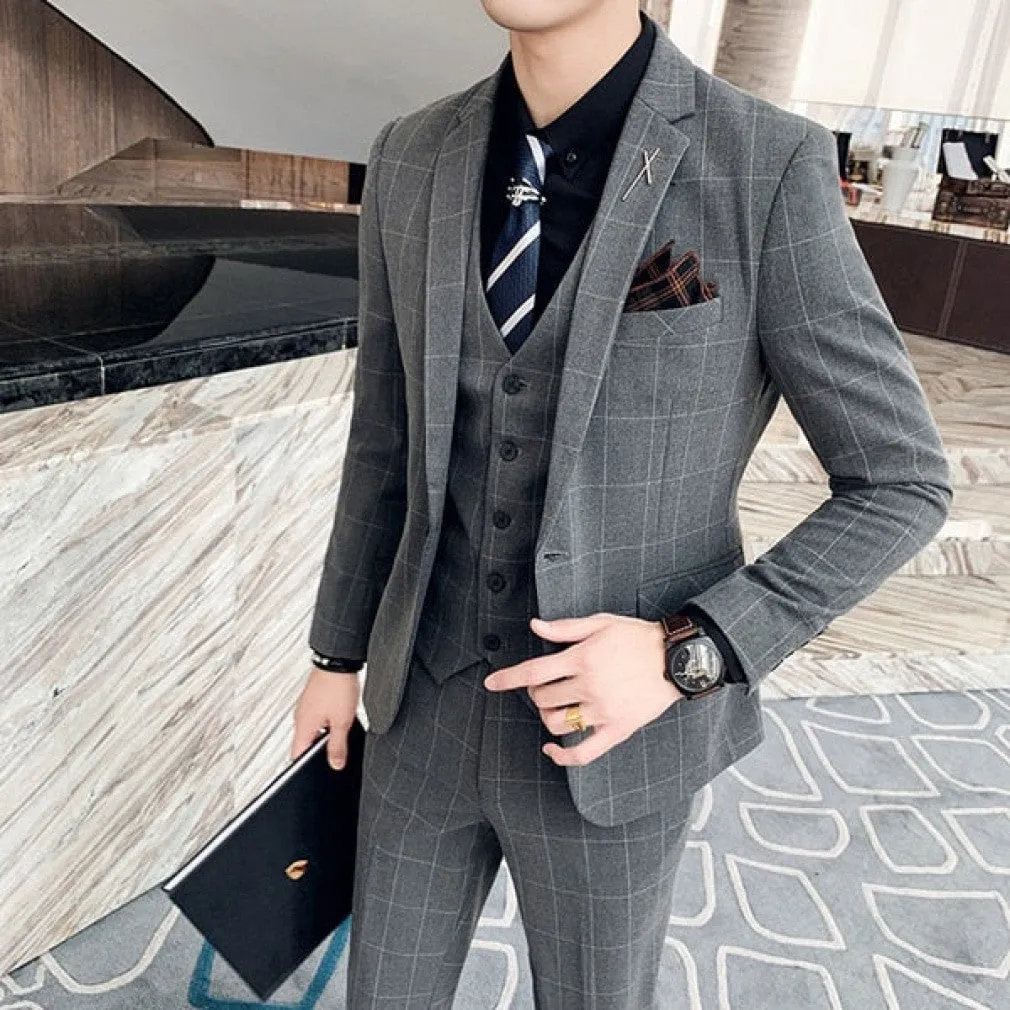 ContiNent 33 ( Jacket   Vest   Pants ) Boutique Fashion Mens Plaid Casual Business Suit High-end Social Formal Suit 3 Pcs Set Groom Wedding