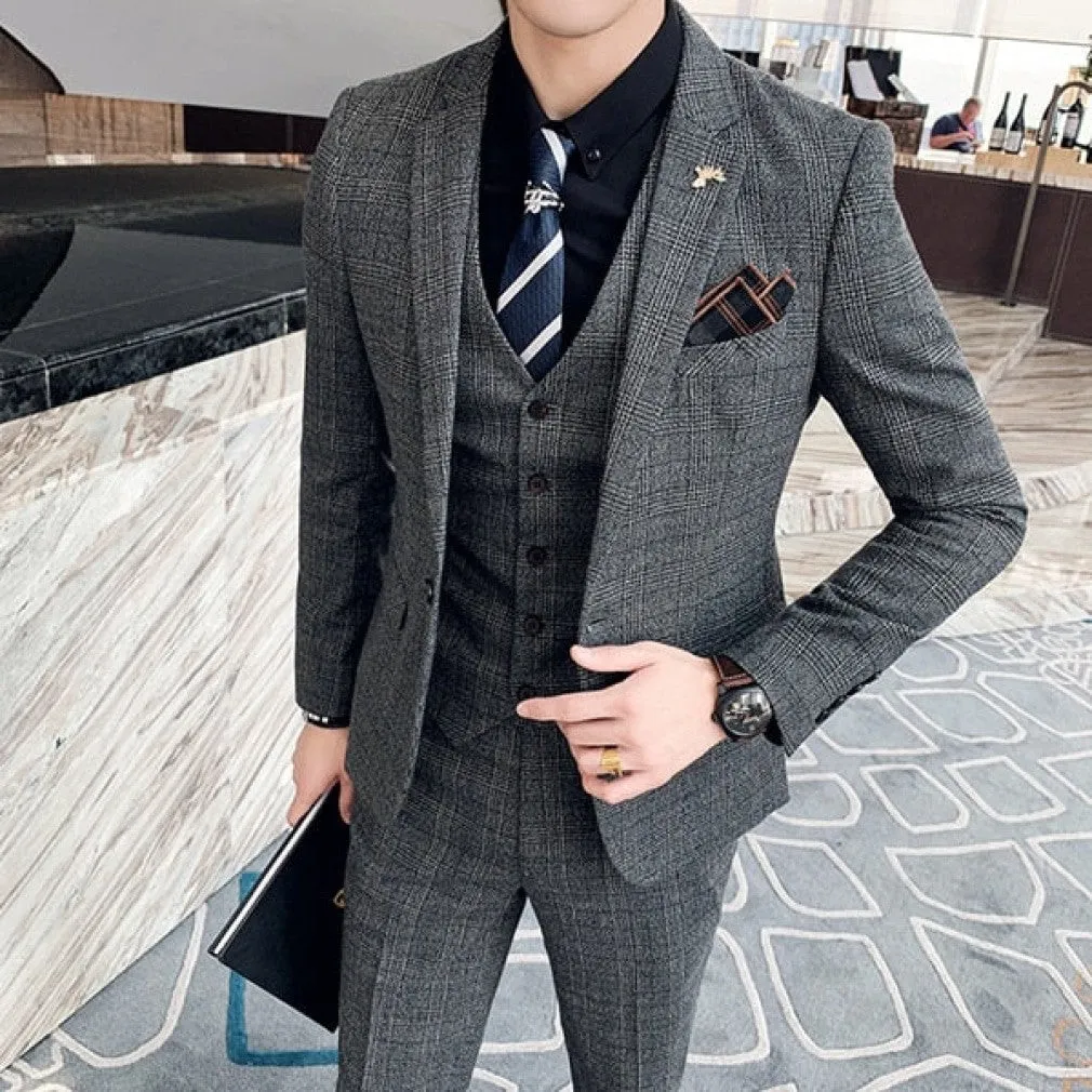 ContiNent 33 ( Jacket   Vest   Pants ) Boutique Fashion Mens Plaid Casual Business Suit High-end Social Formal Suit 3 Pcs Set Groom Wedding