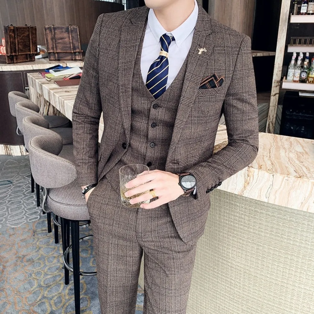 ContiNent 33 ( Jacket   Vest   Pants ) Boutique Fashion Mens Plaid Casual Business Suit High-end Social Formal Suit 3 Pcs Set Groom Wedding