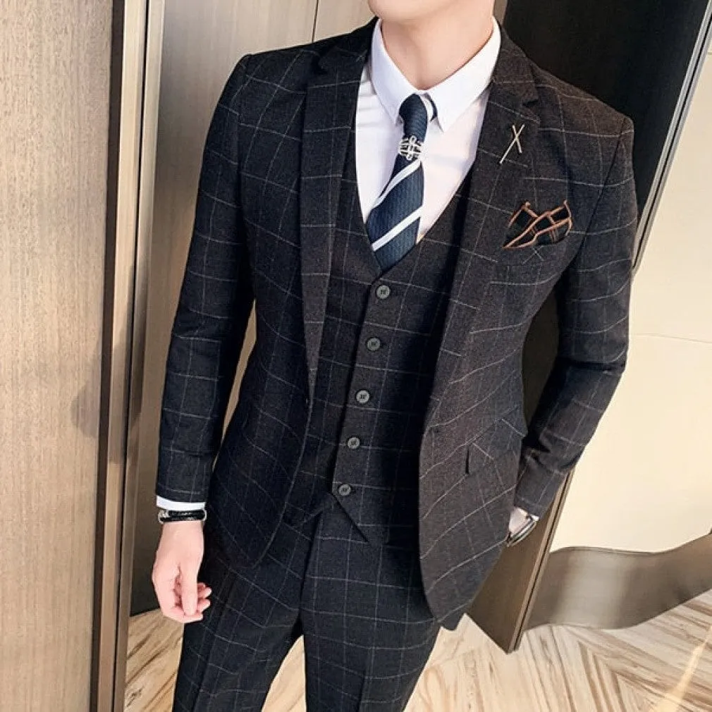 ContiNent 33 ( Jacket   Vest   Pants ) Boutique Fashion Mens Plaid Casual Business Suit High-end Social Formal Suit 3 Pcs Set Groom Wedding
