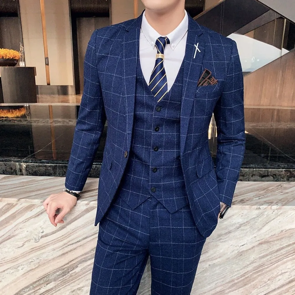 ContiNent 33 ( Jacket   Vest   Pants ) Boutique Fashion Mens Plaid Casual Business Suit High-end Social Formal Suit 3 Pcs Set Groom Wedding