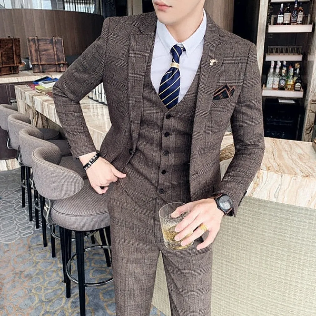 ContiNent 33 ( Jacket   Vest   Pants ) Boutique Fashion Mens Plaid Casual Business Suit High-end Social Formal Suit 3 Pcs Set Groom Wedding