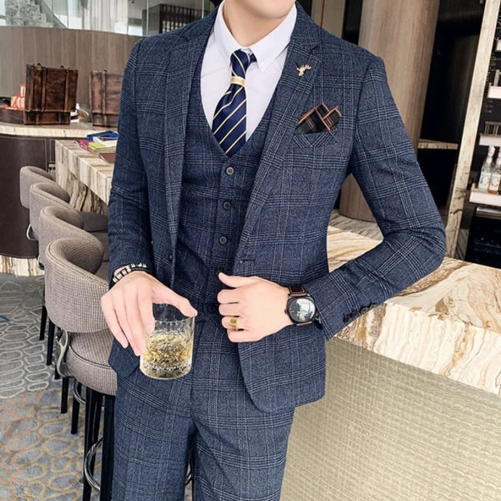 ContiNent 33 ( Jacket   Vest   Pants ) Boutique Fashion Mens Plaid Casual Business Suit High-end Social Formal Suit 3 Pcs Set Groom Wedding