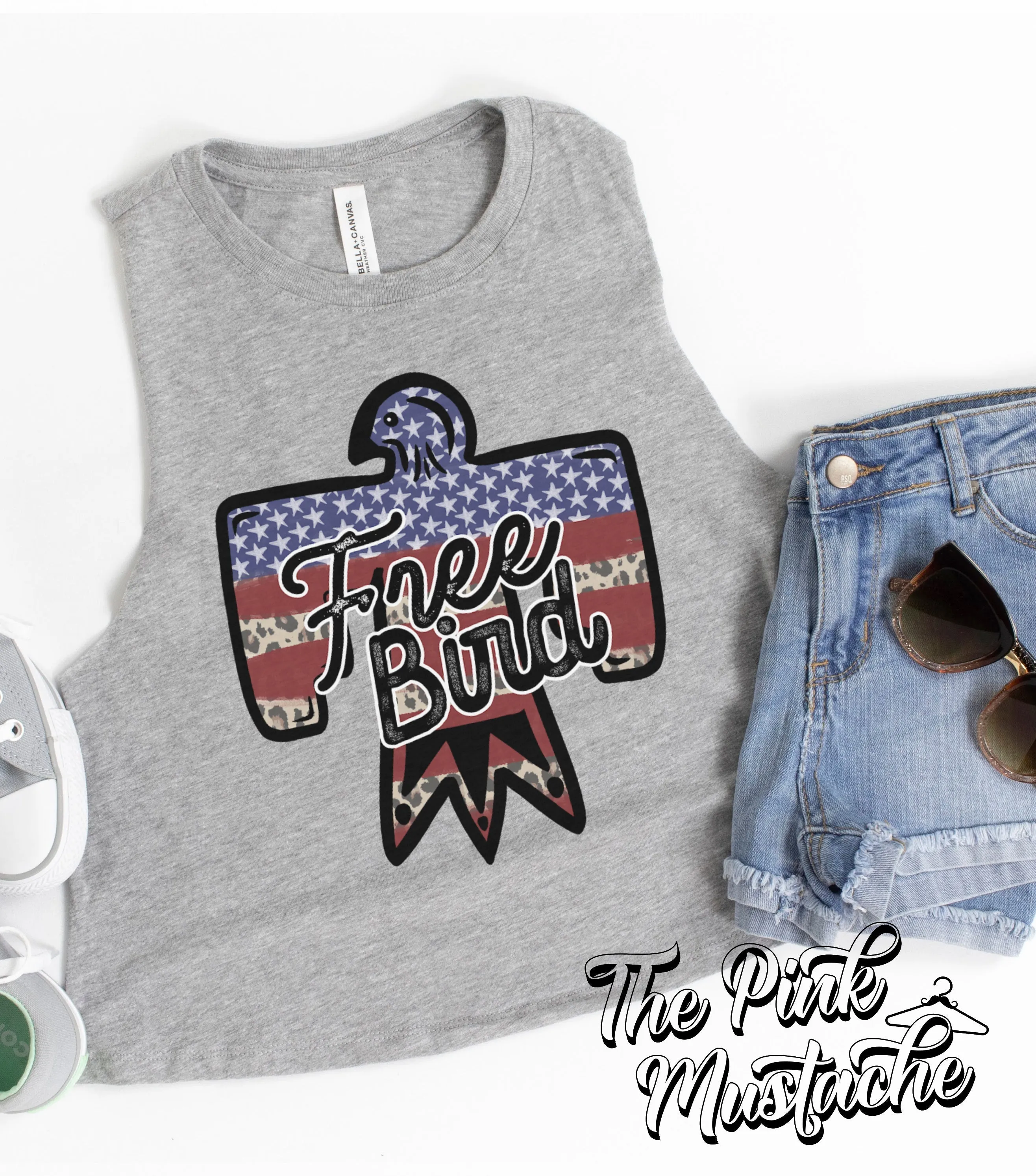 Cropped Bella Tank Free Bird  Leopard USA 4th of July Racerback Tank Top