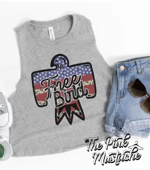 Cropped Bella Tank Free Bird  Leopard USA 4th of July Racerback Tank Top