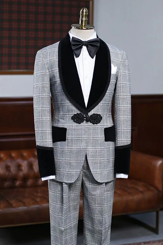 Custom design Gray Plaid Knitted Button Wedding Suit For Grooms