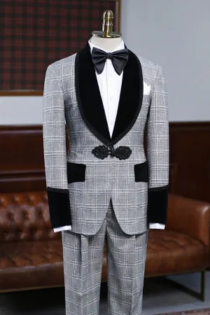 Custom design Gray Plaid Knitted Button Wedding Suit For Grooms