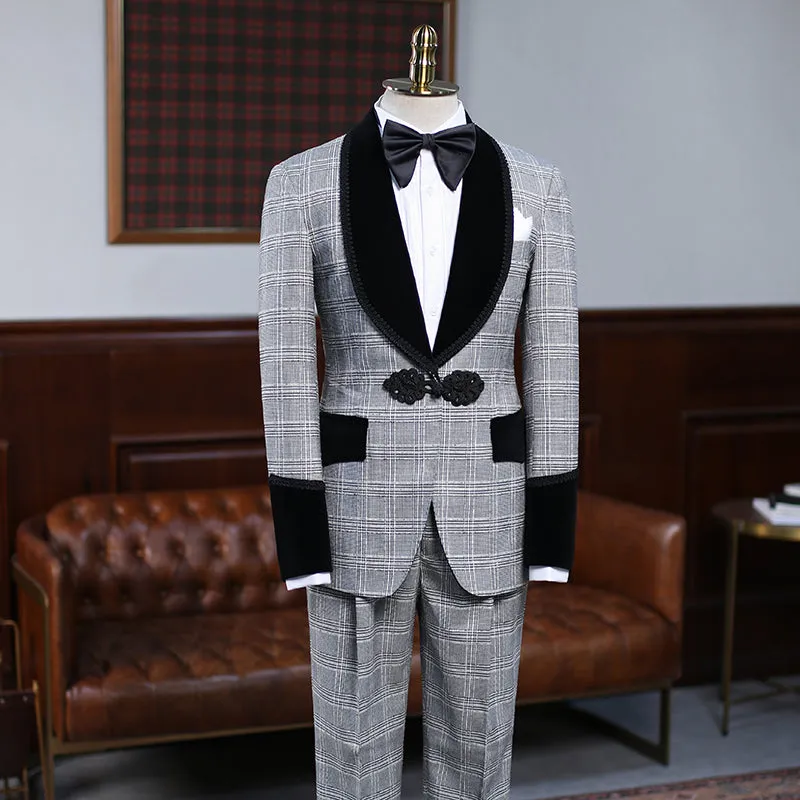 Custom design Gray Plaid Knitted Button Wedding Suit For Grooms
