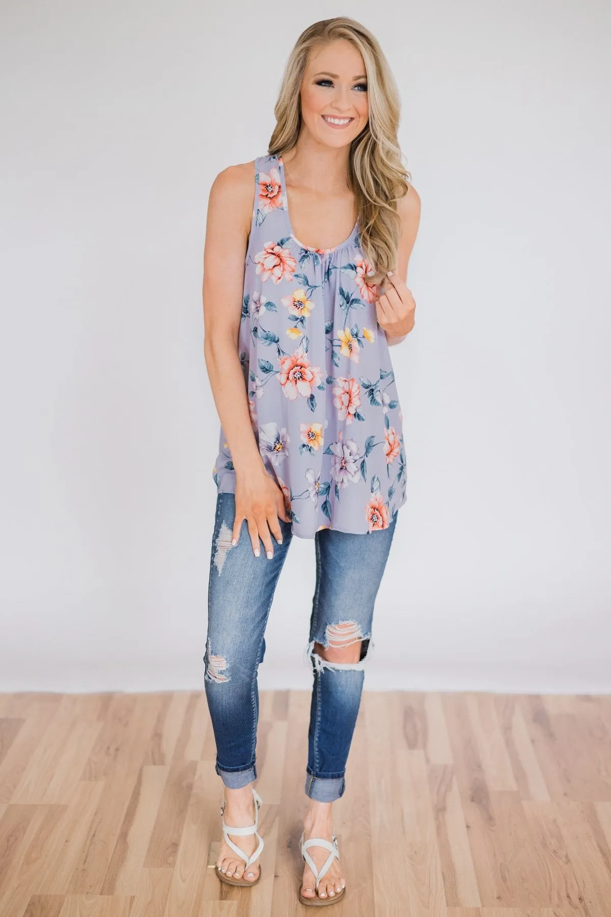 Dancing in Floral Tank Top- Periwinkle