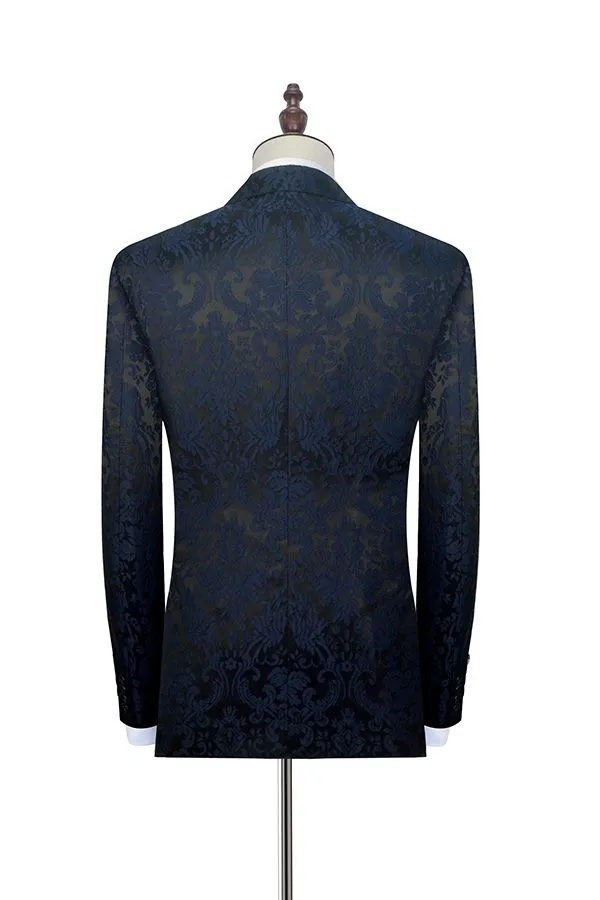 Dark Navy Jacquard Marriage Suits Black Silk Peak Lapel Mens Suits for Weddings