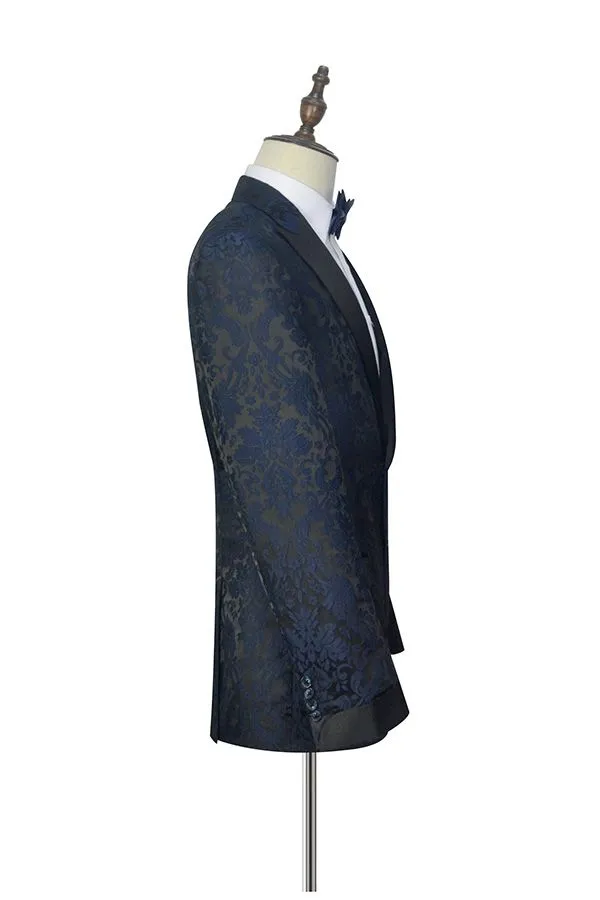 Dark Navy Jacquard Marriage Suits Black Silk Peak Lapel Mens Suits for Weddings