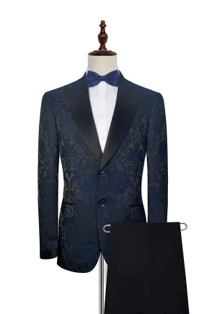 Dark Navy Jacquard Marriage Suits Black Silk Peak Lapel Mens Suits for Weddings