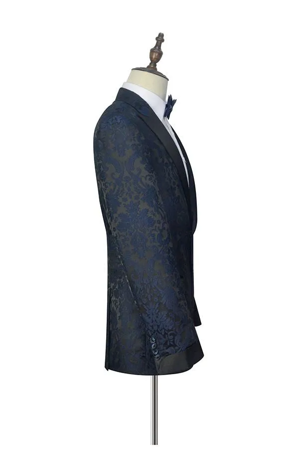 Dark Navy Jacquard Marriage Suits Black Silk Peak Lapel Mens Suits for Weddings