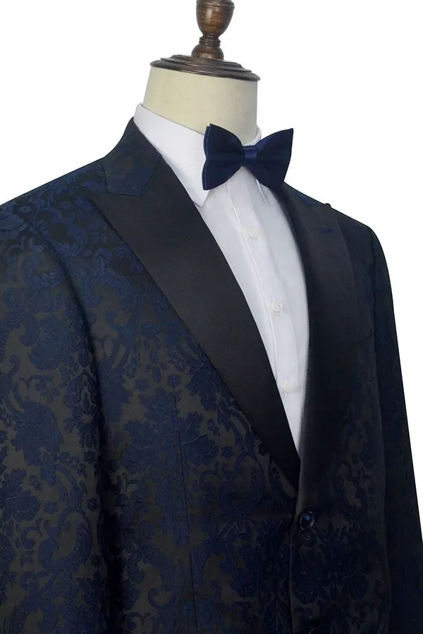 Dark Navy Jacquard Marriage Suits Black Silk Peak Lapel Mens Suits for Weddings